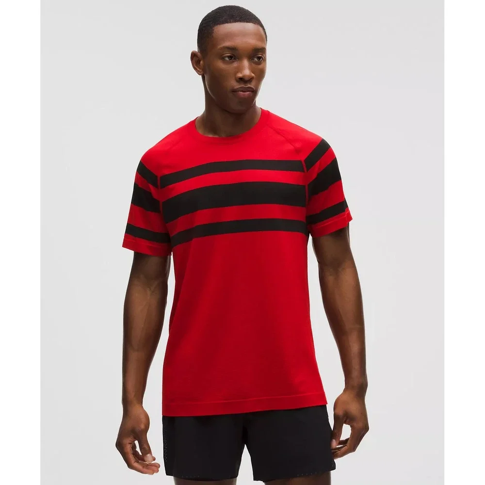 734-Lululemon-Men-Metal Vent Tech Short-Sleeve Shirt-League Stripe Oxford